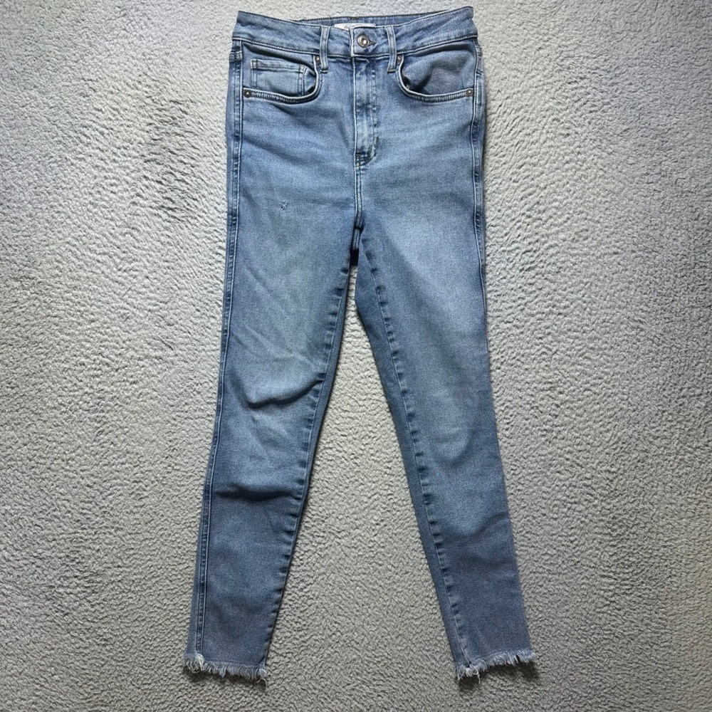 Free People We The Free High Rise Skinny Jeans Raw Hem Blue Size 28 Distressed